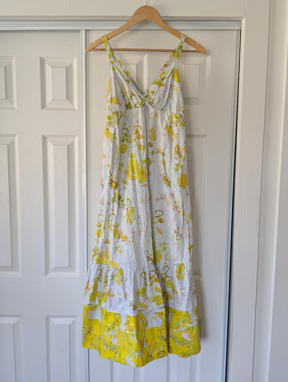Anthropologie Solenne Flounced Light Blue Yellow Tiered Maxi Dress Boho 2 Petite